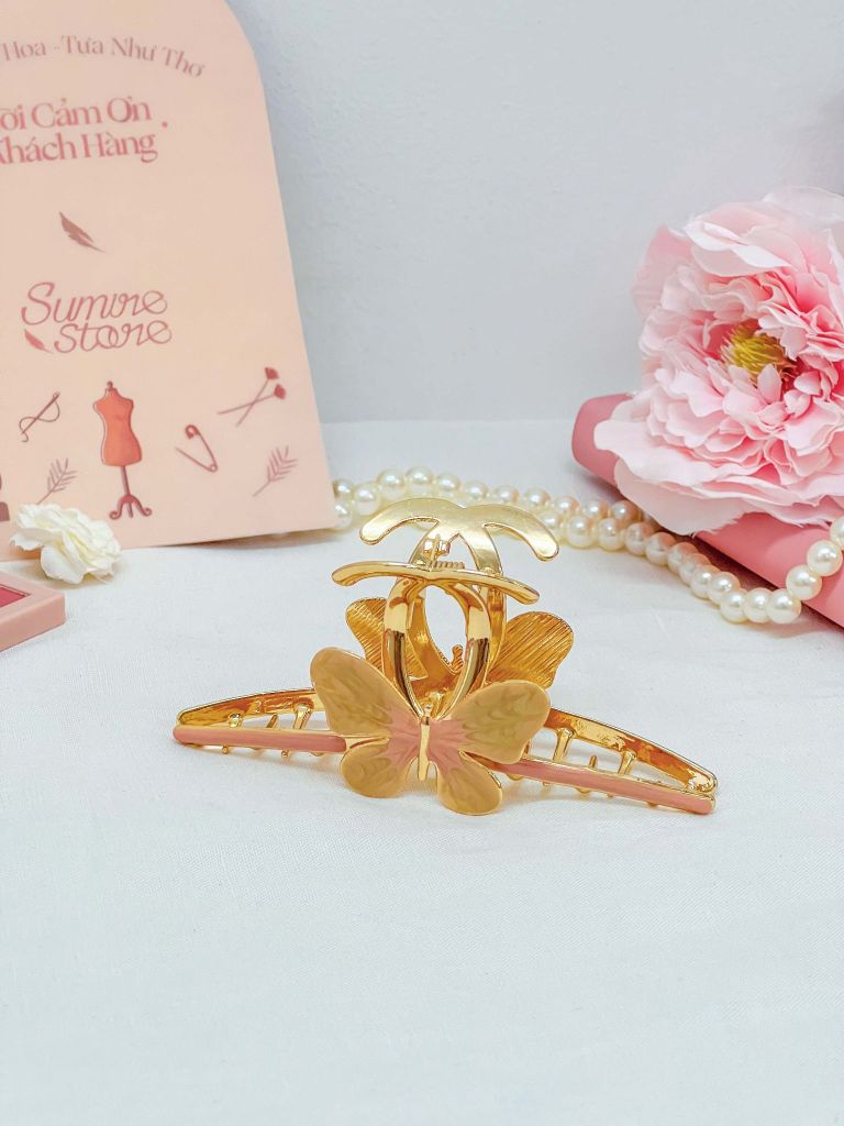 Kẹp tóc KE-011 kim loại cánh bướm ánh hồng