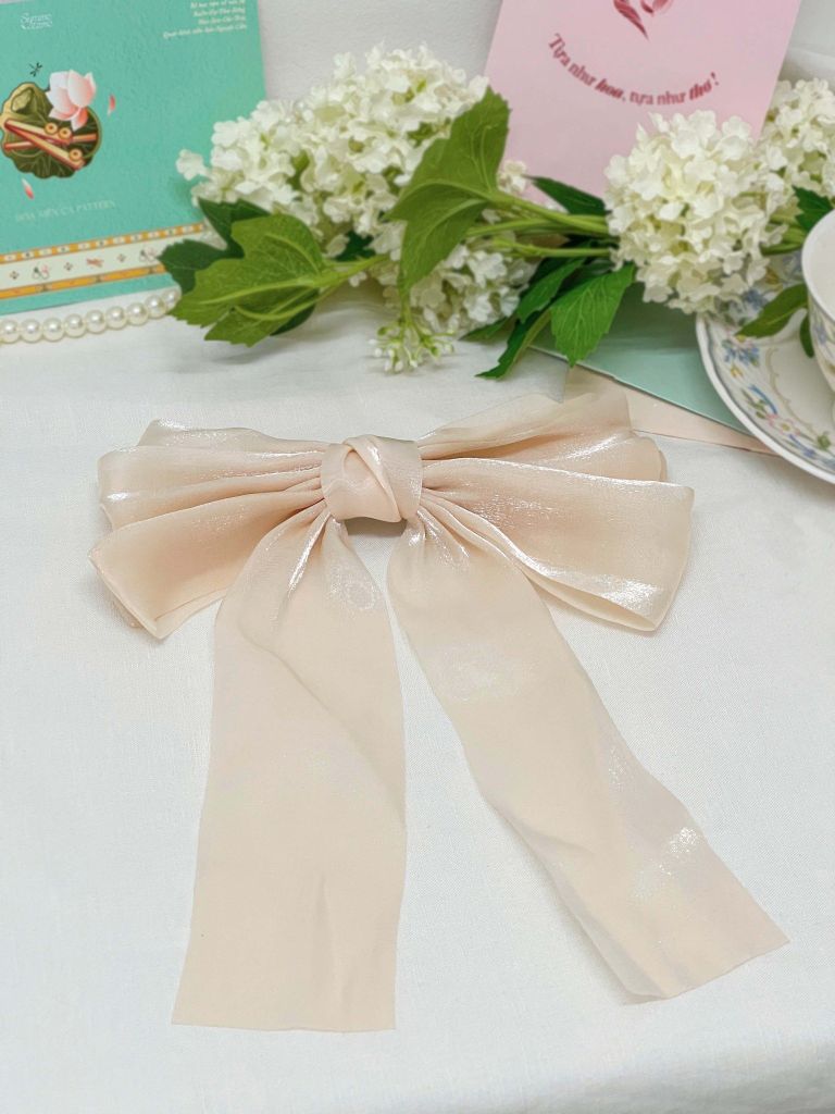 Kẹp tóc KE-042 nơ ba tầng organza kem nhạt