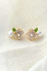 Hoa tai NK-148 hoa hồng 4 cánh loang tím hạt ngọc trai