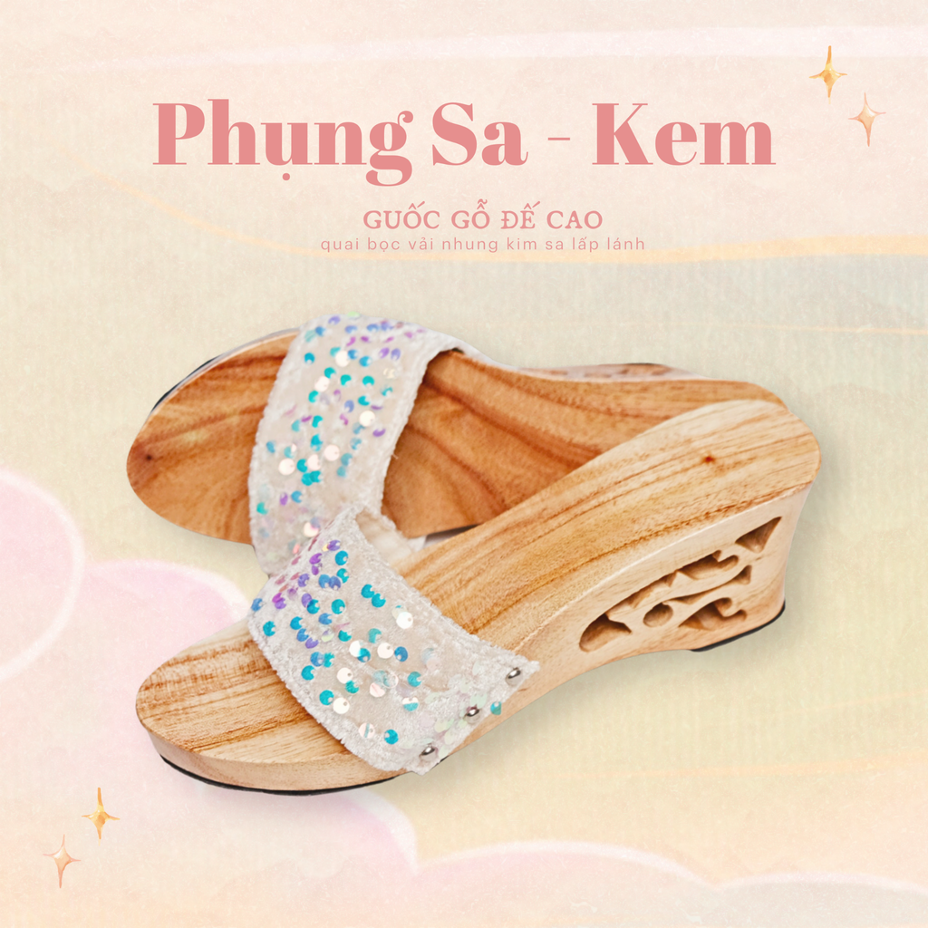 Guốc gỗ Đế cao quai nhung kim sa Phụng Sa