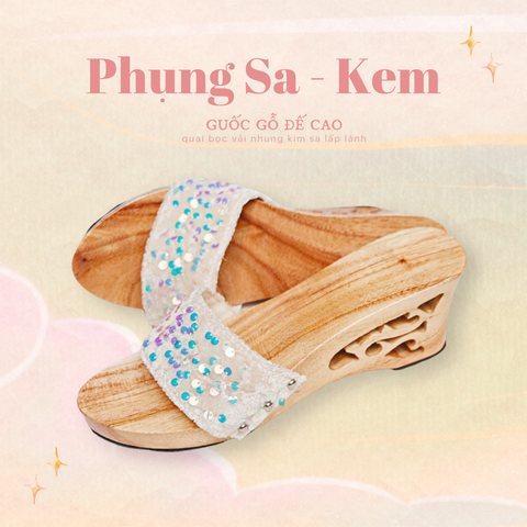 Guốc gỗ Đế cao quai nhung kim sa Phụng Sa