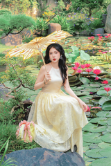 Đầm cổ yếm Xuân Nhạn - Kem tơ nhung