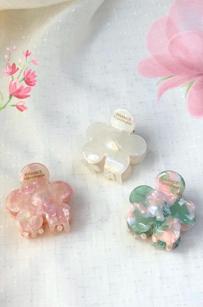 Kẹp tóc KE-082 hoa nhựa 5 cánh nhỏ - xanh lá loang hồng