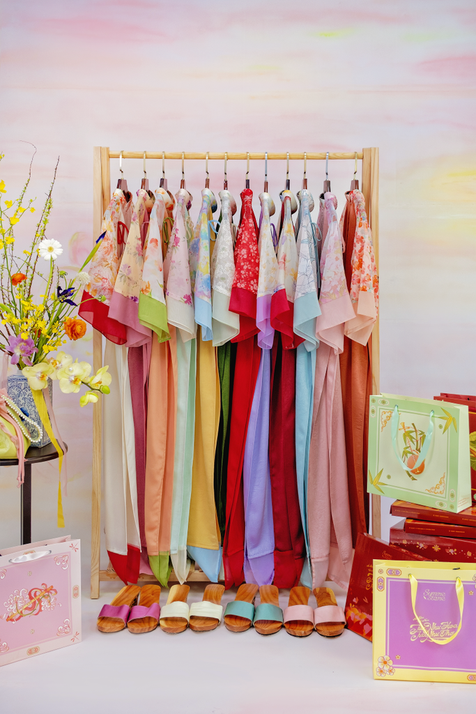 Áo dài Phương Hoa Xuân - Xanh lơ hoa trắng