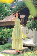 Đầm cổ yếm Xuân Nhạn - Xanh trà tơ nhung