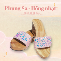 Guốc gỗ Đế cao quai nhung kim sa Phụng Sa