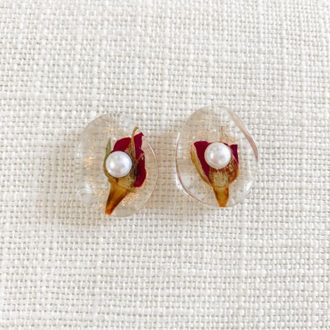 Hoa Tai D1714 Hoa đỏ ép khô phối hạt ngọc