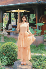 Đầm cổ yếm Xuân Nhạn - Cam tơ thêu hoa