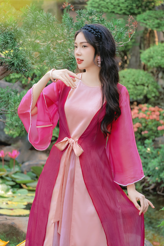 Áo khoác tứ thân Xuân Huyên - Hồng sen