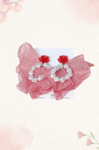 Hoa tai NK-132 hoa đá đỏ phối voan cùng dây hạt ngọc
