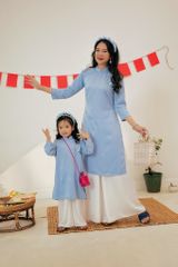 Áo dài Dáng xưa Thêu tay Mùa Vui - Xanh biển - phiên bản Bé gái