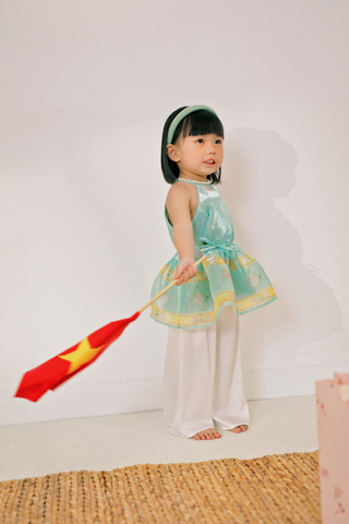 SET Áo yếm xòe organza Hoa Niên Ca BÉ - Xanh ngọc