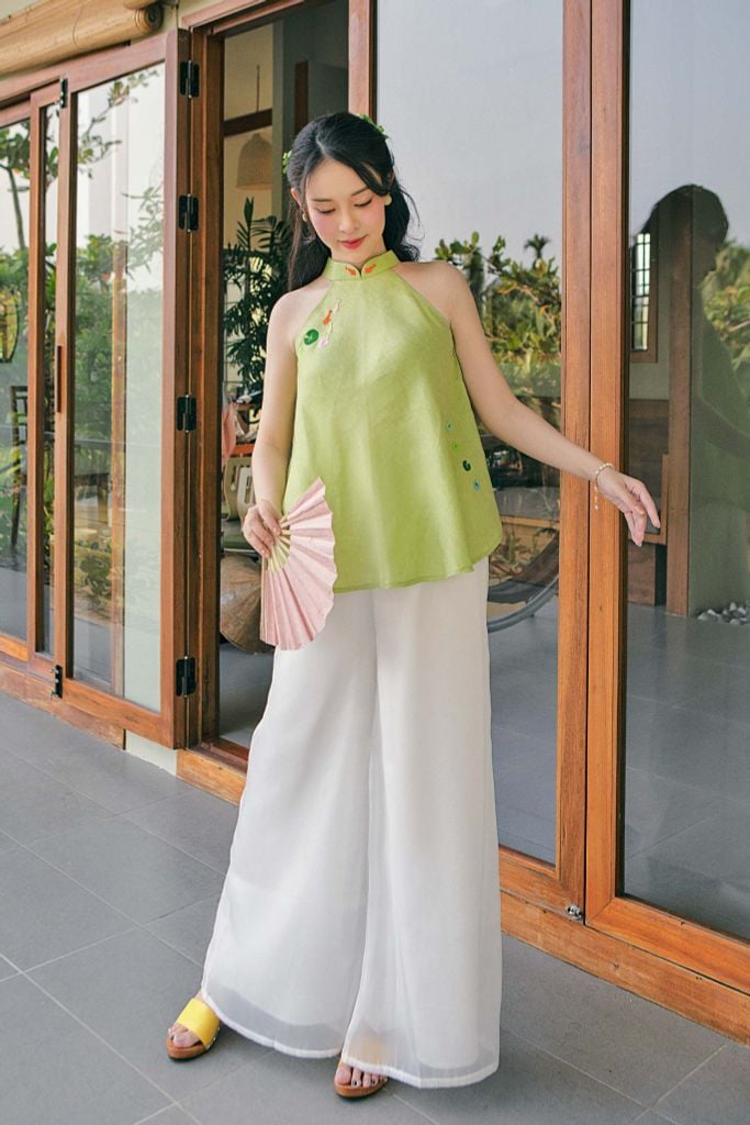 Áo yếm cổ đứng linen Hồ cá Koi - Nền xanh mạ