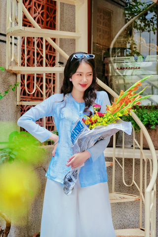 Áo bà ba lụa tơ tằm Phượng Loan - Xanh biển nhạt