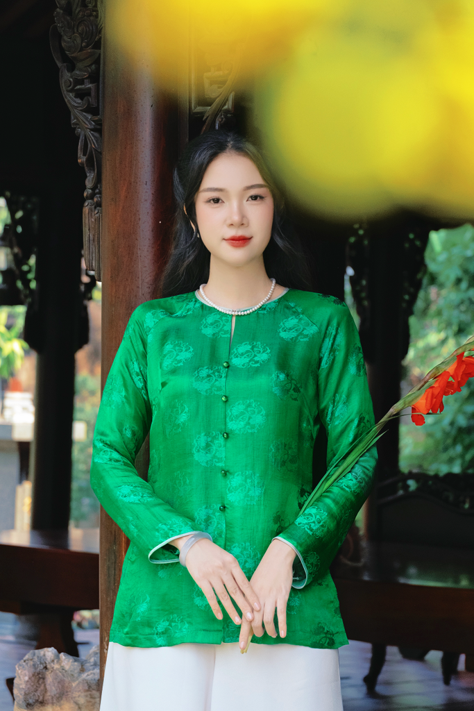 Áo bà ba lụa tơ tằm Phượng Liên - Xanh cẩm thạch
