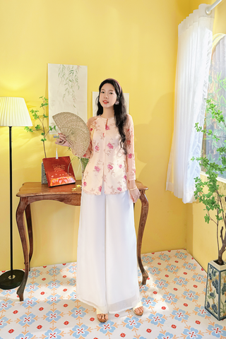 Áo bà ba Cách tân Út Hoa - Kem hoa hồng