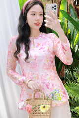 Áo bà ba Cách tân Út Hoa - Trắng chùm hoa tím