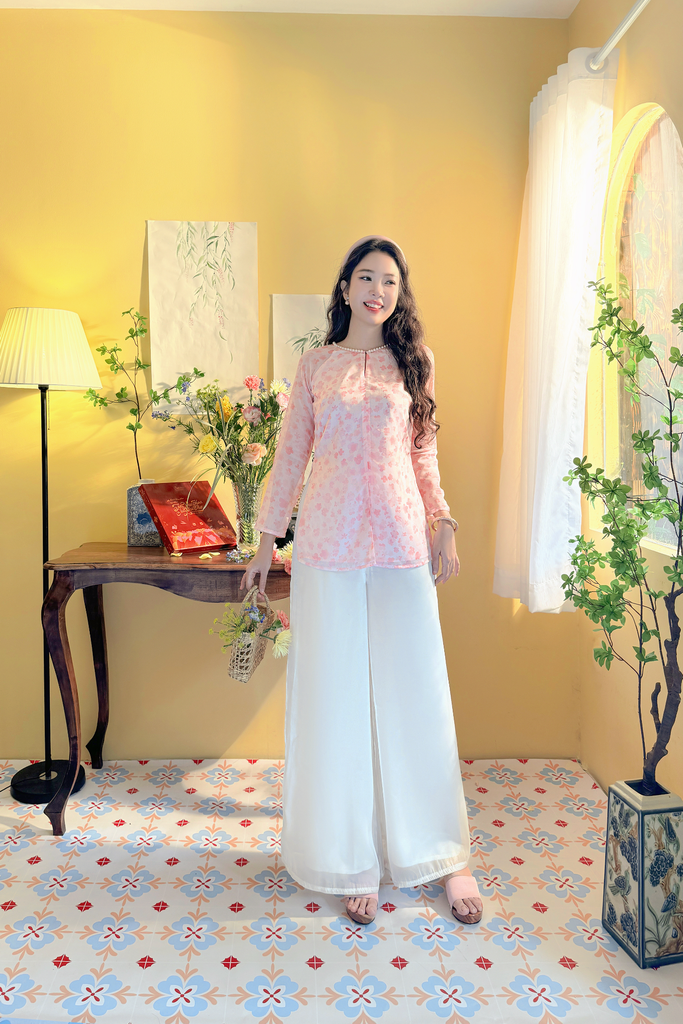 Áo bà ba Cách tân Út Hoa - Trắng hoa hồng nhỏ
