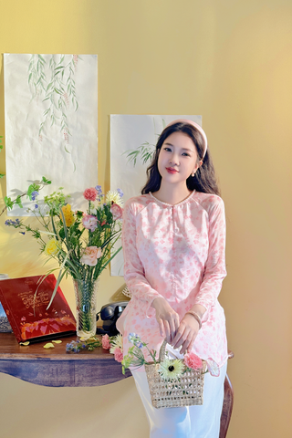Áo bà ba Cách tân Út Hoa - Trắng hoa hồng nhỏ