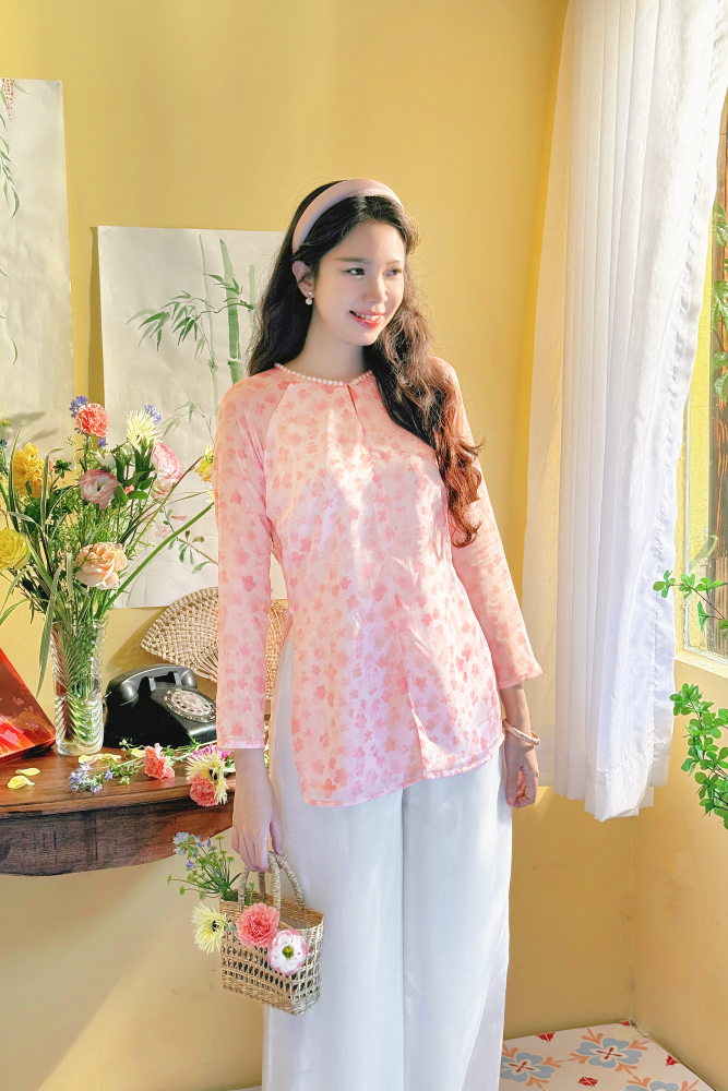 Áo bà ba Cách tân Út Hoa - Trắng hoa hồng nhỏ