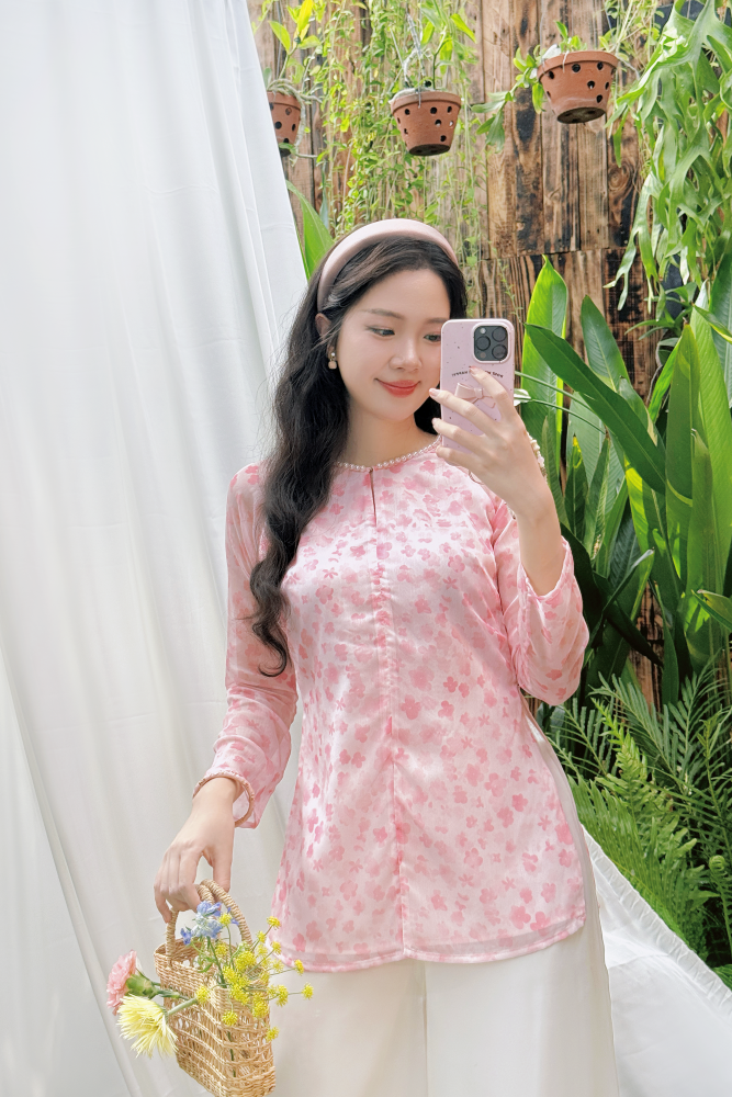 Áo bà ba Cách tân Út Hoa - Trắng hoa hồng nhỏ