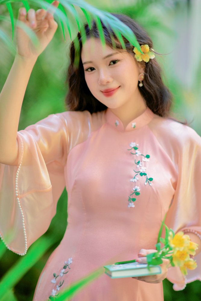 Áo dài Bách Hoa Thêu tay Hương Lài - Hồng đào