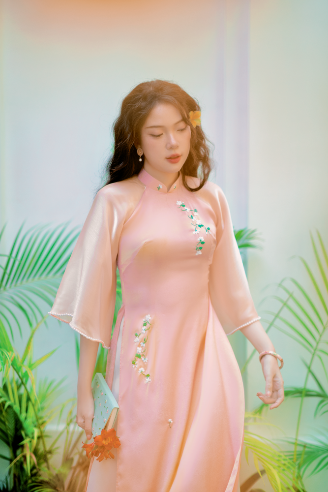 Áo dài Bách Hoa Thêu tay Hương Lài - Hồng đào