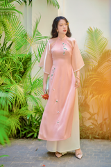 Áo dài Bách Hoa Thêu tay Hương Lài - Hồng đào