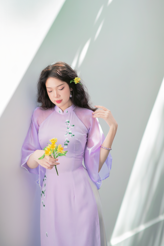 Áo dài Bách Hoa Thêu tay Hương Lài - Tím nhạt