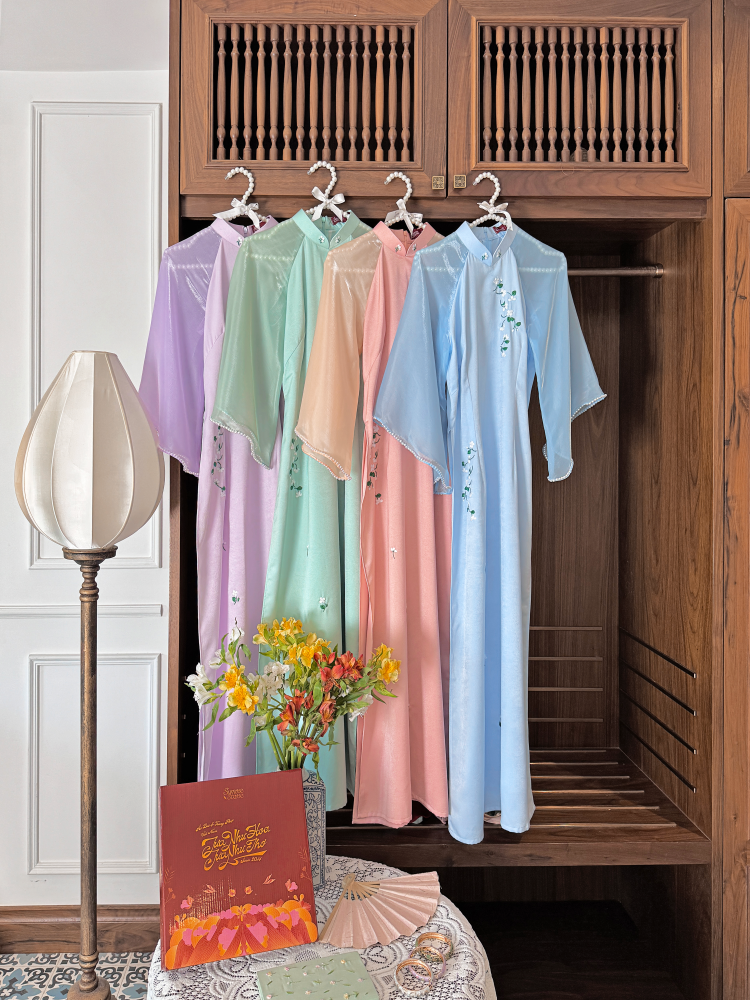 Áo dài Bách Hoa Thêu tay Hương Lài - Hồng đào