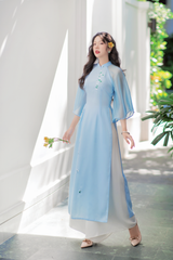 Áo dài Bách Hoa Thêu tay Hương Lài - Xanh biển nhạt