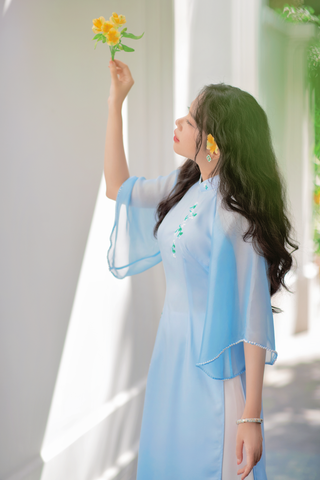Áo dài Bách Hoa Thêu tay Hương Lài - Xanh biển nhạt