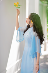 Áo dài Bách Hoa Thêu tay Hương Lài - Xanh biển nhạt