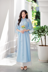 Áo dài Bách Hoa Thêu tay Hương Lài - Xanh biển nhạt