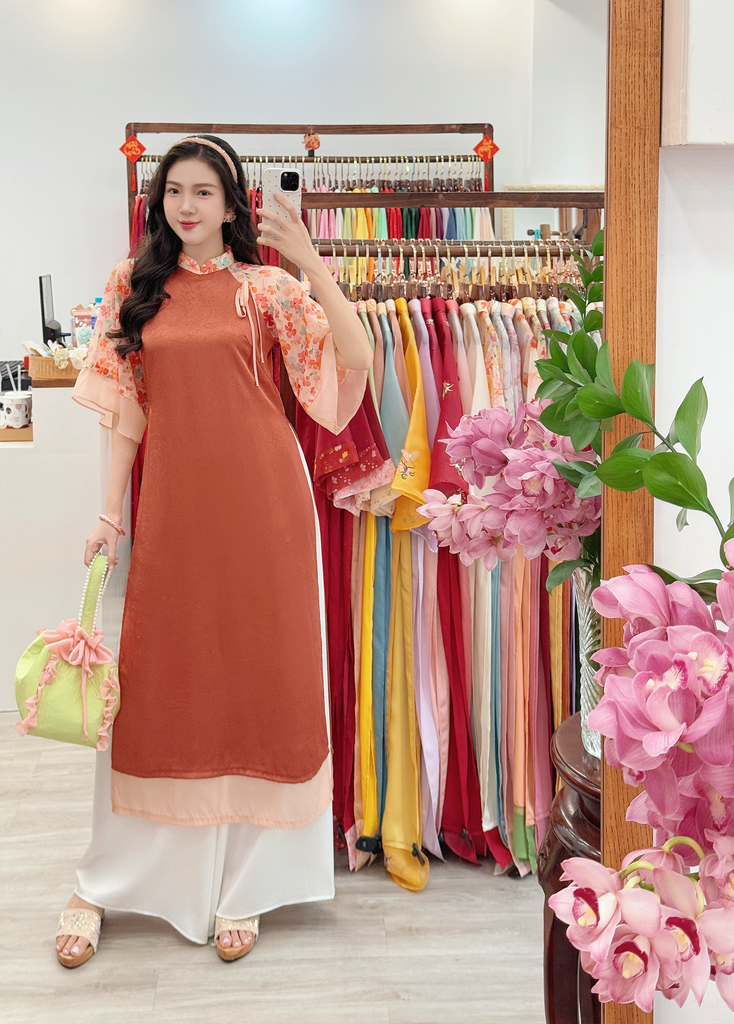 Áo dài Dáng suôn Cảnh Hoa Xuân - Cam cháy hoa chùm