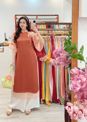Áo dài Dáng suôn Cảnh Hoa Xuân - Cam cháy hoa chùm