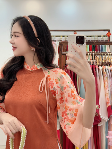 Áo dài Dáng suôn Cảnh Hoa Xuân - Cam cháy hoa chùm