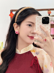 Áo dài Dáng suôn Cảnh Hoa Xuân - Đỏ đô hoa kem