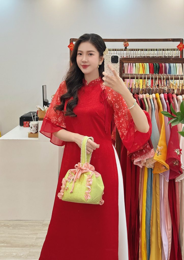 Áo dài Dáng suôn Cảnh Hoa Xuân - Đỏ hoa rơi nhỏ
