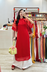 Áo dài Dáng suôn Cảnh Hoa Xuân - Đỏ hoa rơi nhỏ