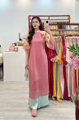 Áo dài Dáng suôn Cảnh Hoa Xuân - Hồng đậm hoa kem