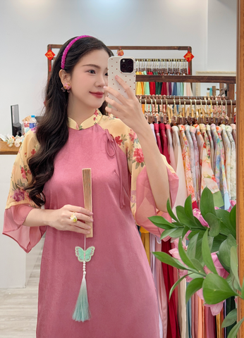 Áo dài Dáng suôn Cảnh Hoa Xuân - Hồng đậm hoa kem