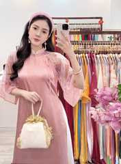 Áo dài Dáng suôn Cảnh Hoa Xuân - Hồng ửng hoa trà