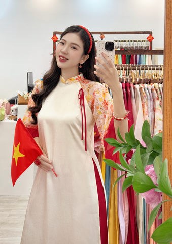 Áo dài Dáng suôn Cảnh Hoa Xuân - Kem nhạt hoa chùm