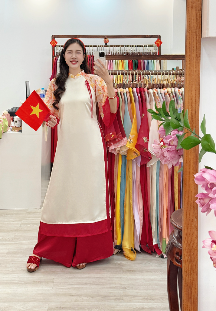 Áo dài Dáng suôn Cảnh Hoa Xuân - Kem nhạt hoa chùm