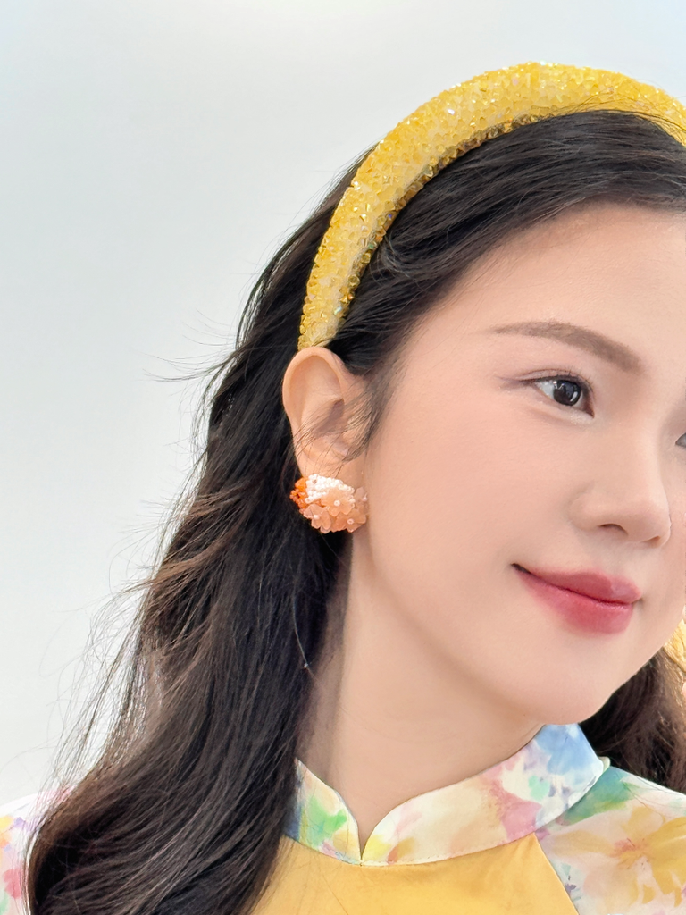 Áo dài Dáng suôn Cảnh Hoa Xuân - Vàng nắng hoa xanh