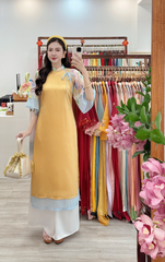 Áo dài Dáng suôn Cảnh Hoa Xuân - Vàng nắng hoa xanh