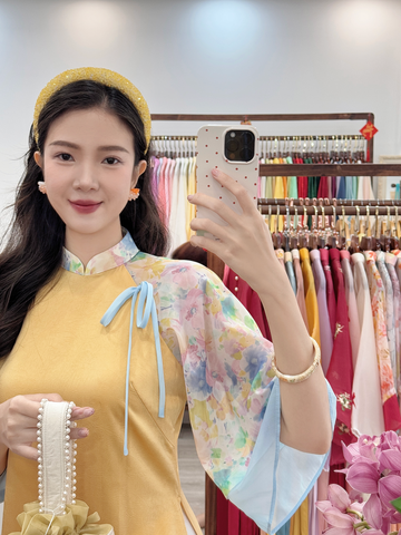 Áo dài Dáng suôn Cảnh Hoa Xuân - Vàng nắng hoa xanh
