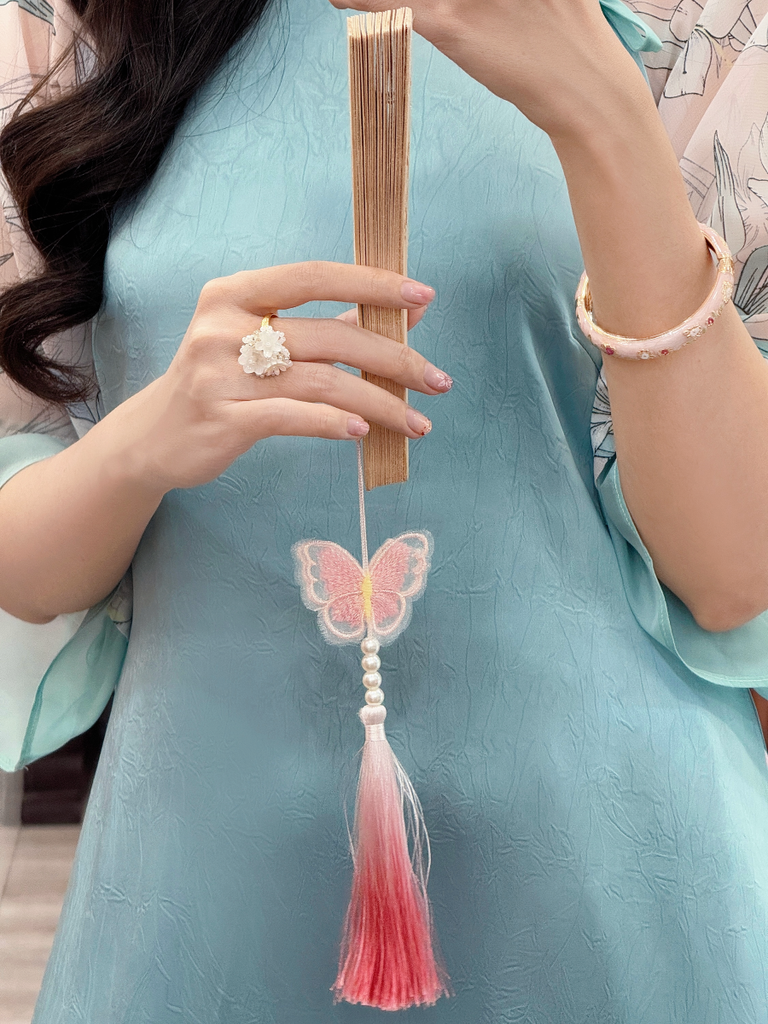 Áo dài Dáng suôn Cảnh Hoa Xuân - Xanh lơ hoa trắng