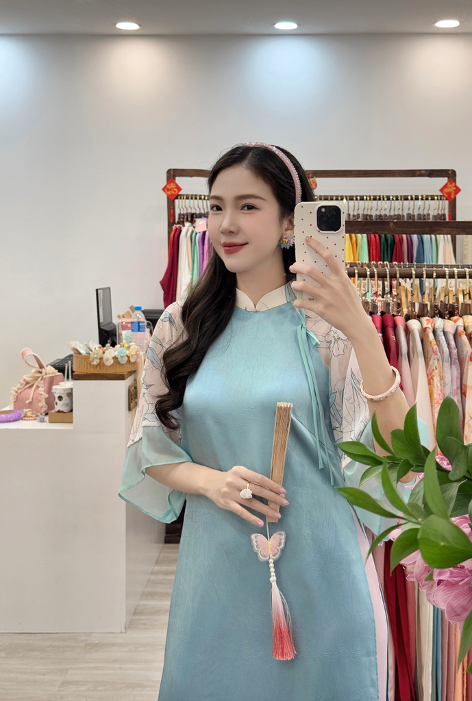 Áo dài Dáng suôn Cảnh Hoa Xuân - Xanh lơ hoa trắng